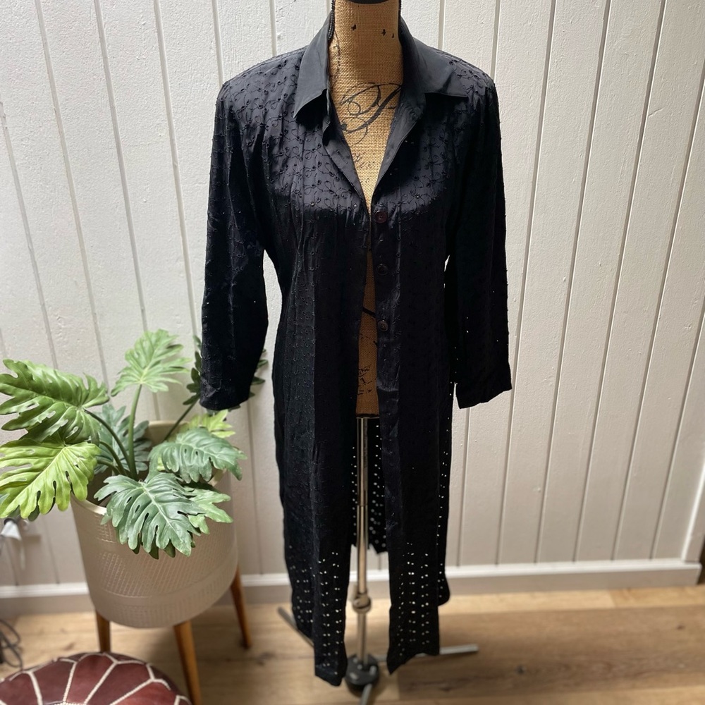 VINTAGE WILD ROSE black eyelet duster kimono jacket cover up dress